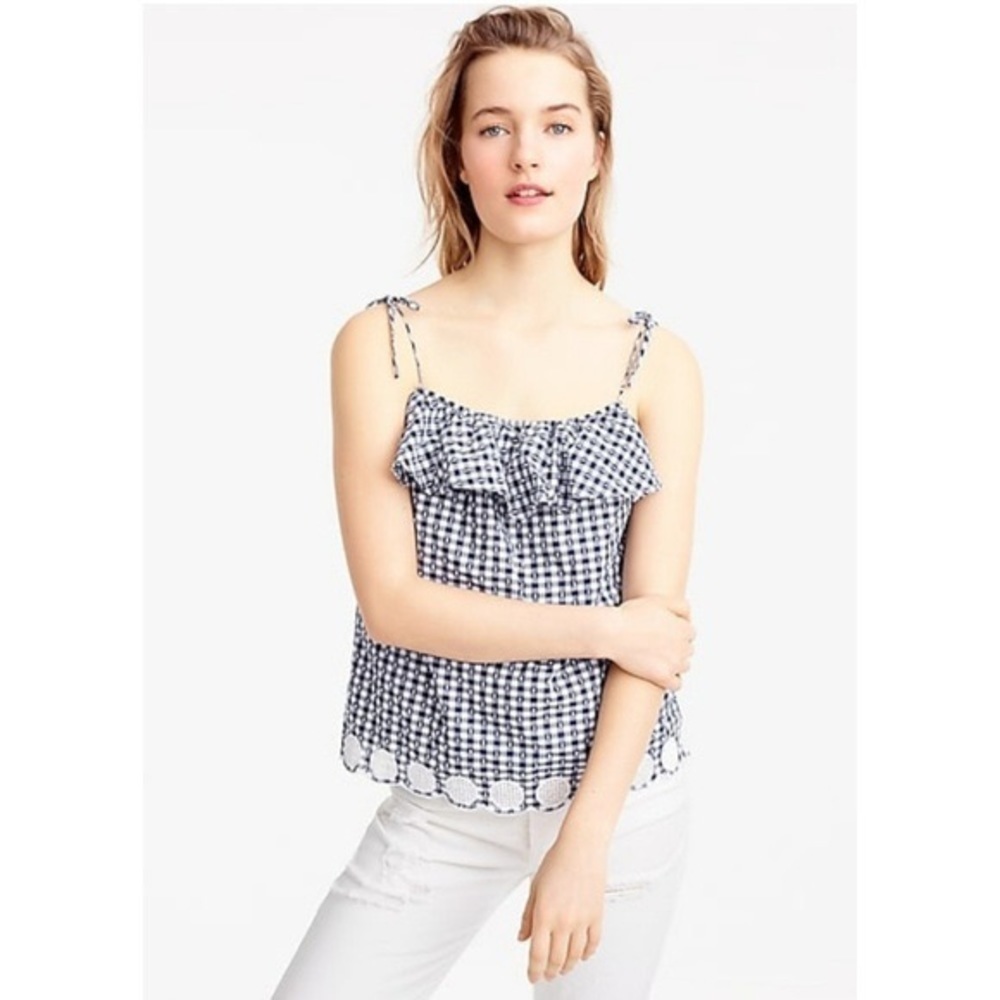 New J. Crew Gingham Ruffle Top with Eyelet Trim Size 8